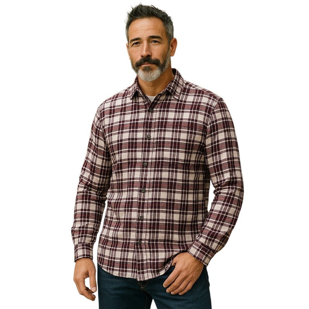 Eddie Bauer Flannel Shirt Mens Large Burgundy Tartan Plaid Button Up